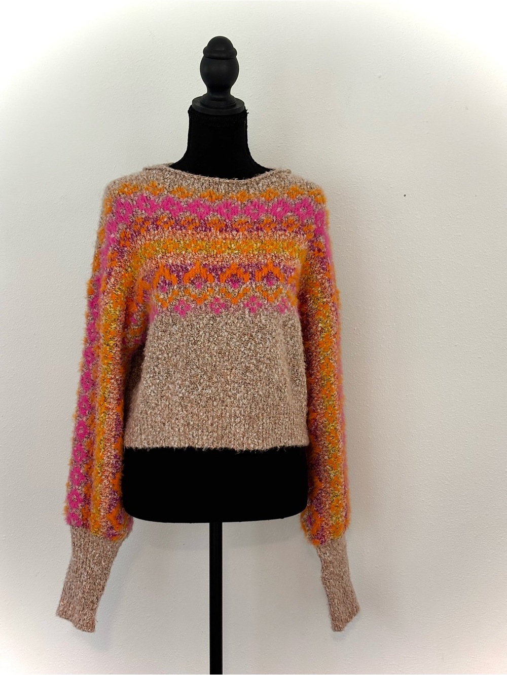 Free People Neutral Crewneck Sweater with Pink & Orange Fair Isle